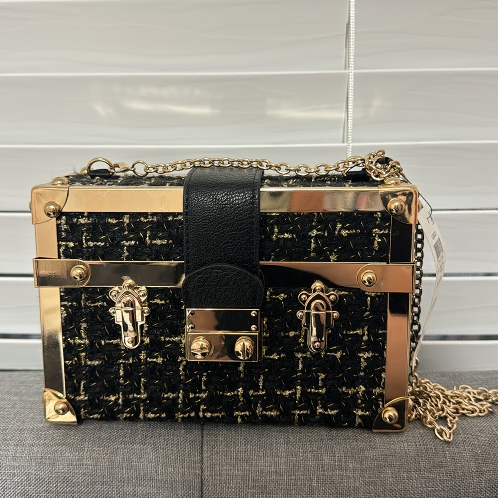 New INC Black Gold Quilted Box Purse/Clutch